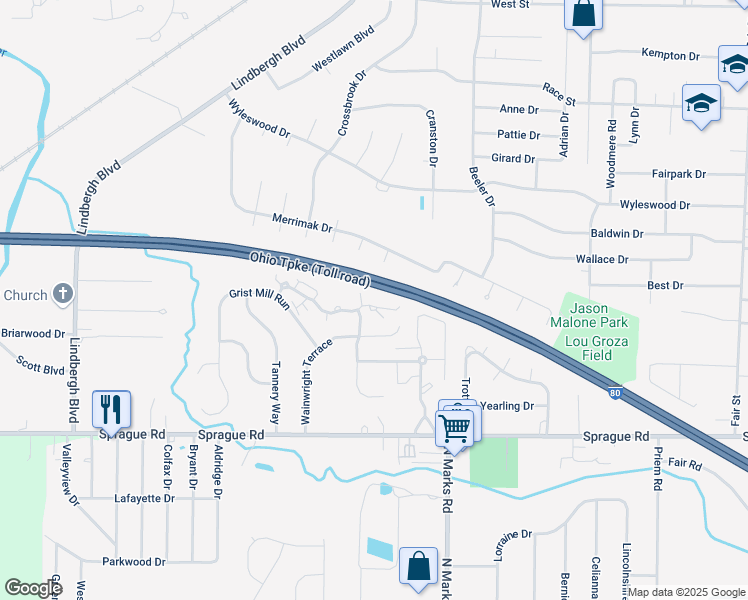 map of restaurants, bars, coffee shops, grocery stores, and more near 23282 Grist Mill Court in Olmsted Falls