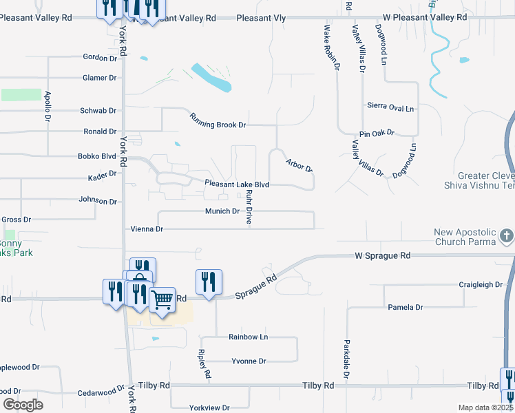 map of restaurants, bars, coffee shops, grocery stores, and more near 9508 Munich Drive in Parma