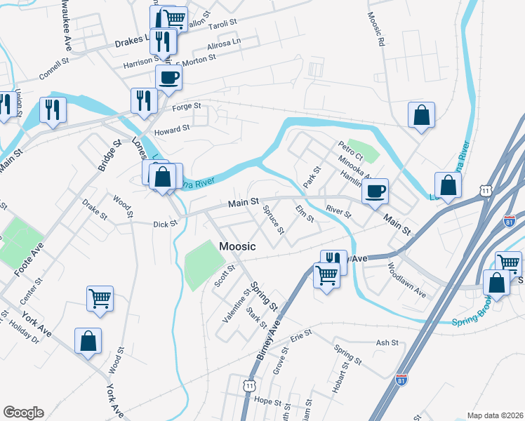 map of restaurants, bars, coffee shops, grocery stores, and more near 100 Spruce St in Moosic