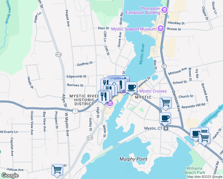 map of restaurants, bars, coffee shops, grocery stores, and more near 54 West Main Street in Groton