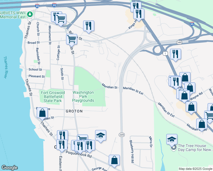 map of restaurants, bars, coffee shops, grocery stores, and more near 300 Meridian Street in Groton