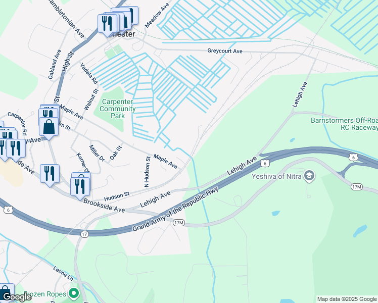 map of restaurants, bars, coffee shops, grocery stores, and more near 65 Hudson Street in Chester