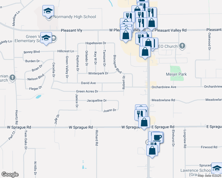 map of restaurants, bars, coffee shops, grocery stores, and more near 1612 Green Acres Drive in Parma