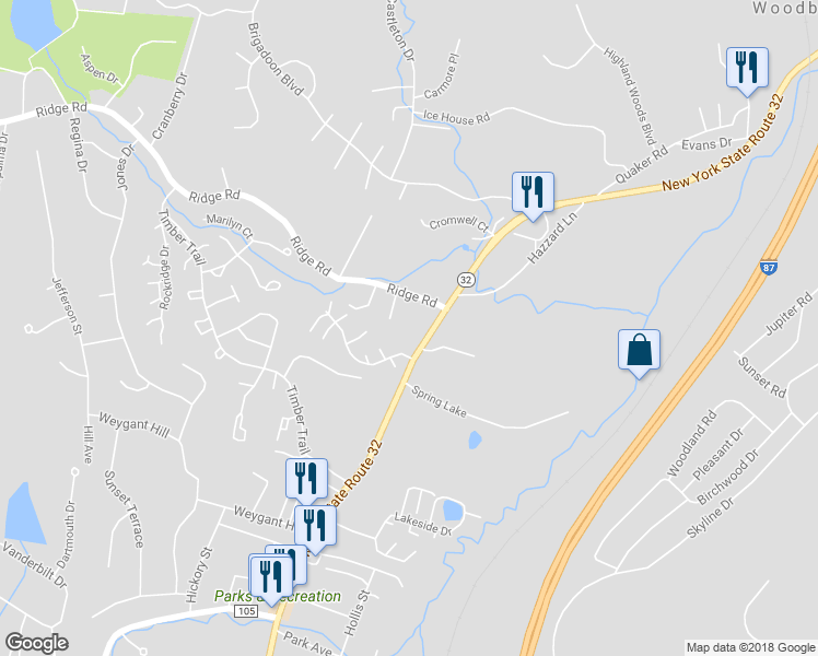 map of restaurants, bars, coffee shops, grocery stores, and more near 643 New York 32 in Woodbury