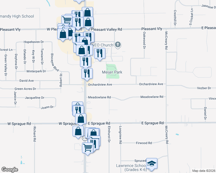 map of restaurants, bars, coffee shops, grocery stores, and more near 361 Orchardview Road in Seven Hills
