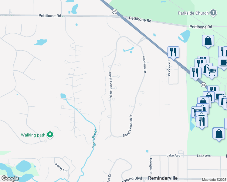 map of restaurants, bars, coffee shops, grocery stores, and more near 7441 Scioto Court in Solon