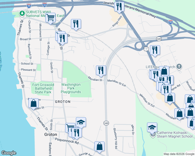 map of restaurants, bars, coffee shops, grocery stores, and more near 278 Meridian Street in Groton
