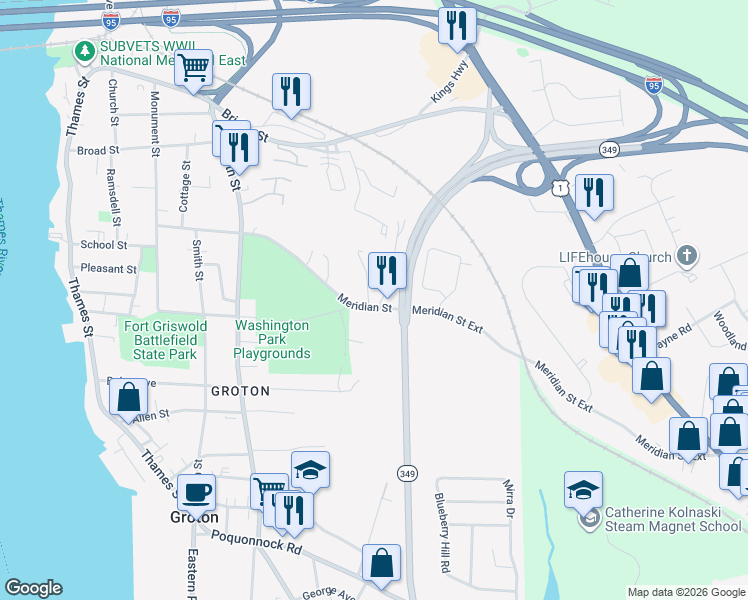 map of restaurants, bars, coffee shops, grocery stores, and more near 302 Meridian Street in Groton