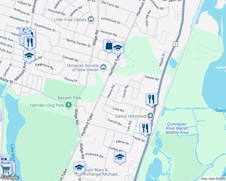 map of restaurants, bars, coffee shops, grocery stores, and more near 87 Hesse Road in Hamden
