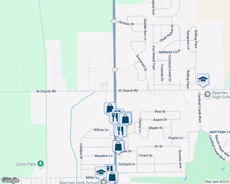 map of restaurants, bars, coffee shops, grocery stores, and more near 29145 Dixie Hwy in Beecher