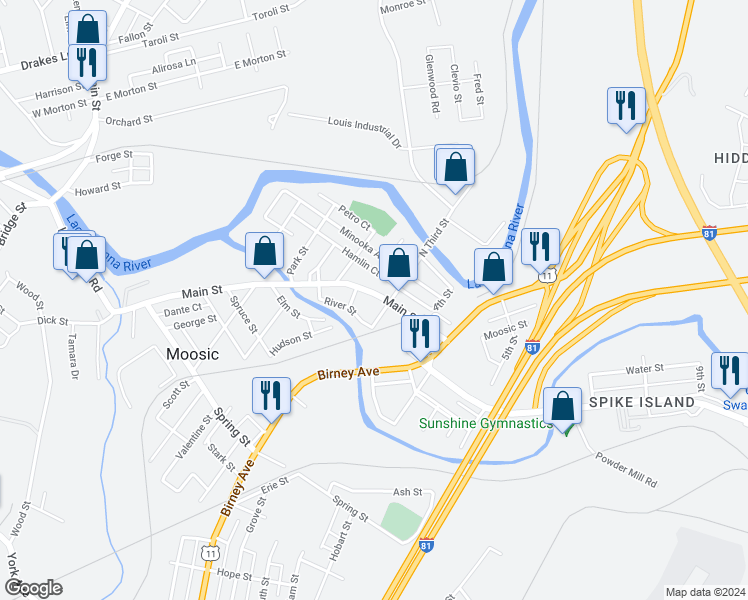 map of restaurants, bars, coffee shops, grocery stores, and more near 624 Main Street in Moosic