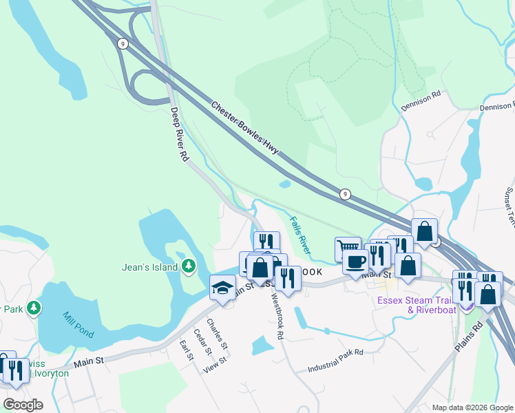 map of restaurants, bars, coffee shops, grocery stores, and more near 35 Old Deep River Road in Essex