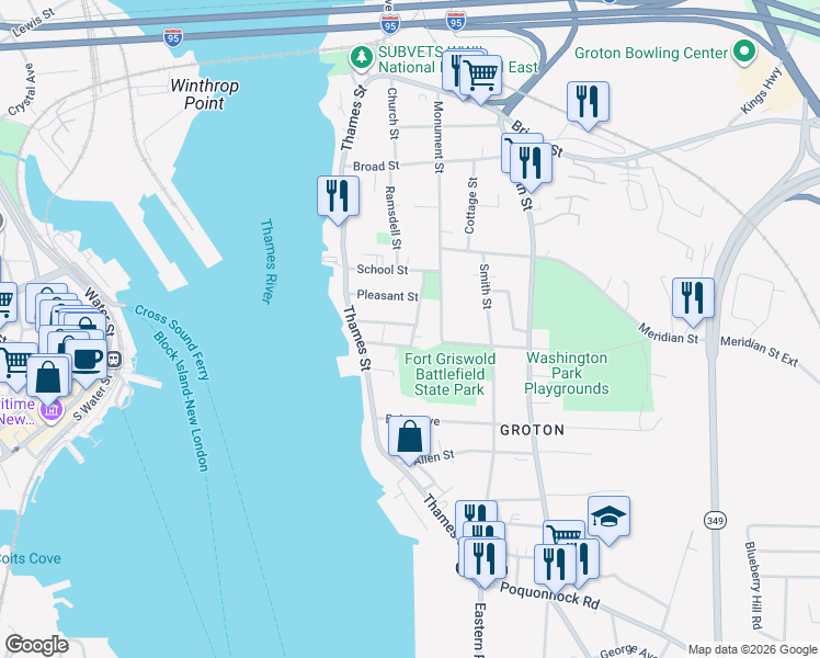 map of restaurants, bars, coffee shops, grocery stores, and more near 61 Latham Street in Groton