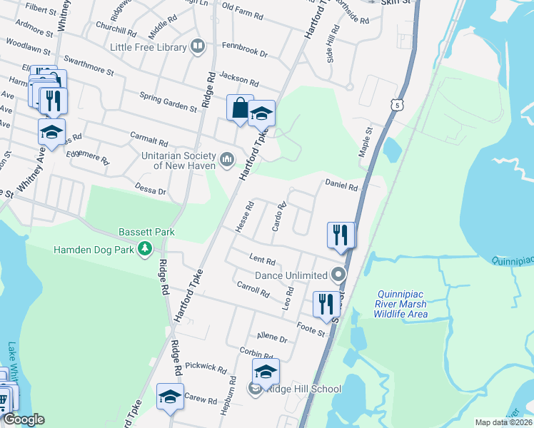 map of restaurants, bars, coffee shops, grocery stores, and more near 38 Williamson Road in Hamden