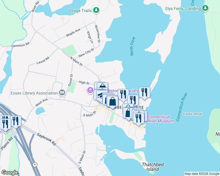 map of restaurants, bars, coffee shops, grocery stores, and more near 8 Dickinson Lane in Essex