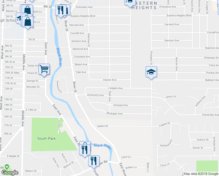 map of restaurants, bars, coffee shops, grocery stores, and more near 299 Colgate Avenue in Elyria