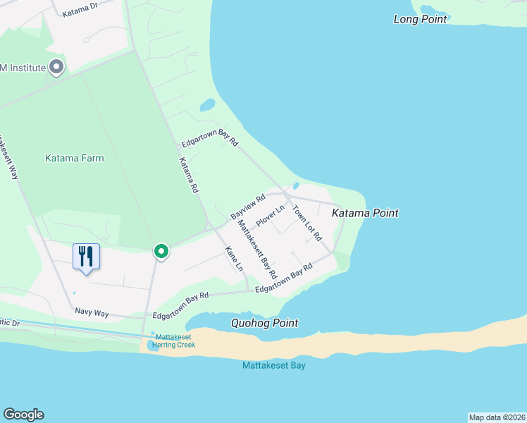 map of restaurants, bars, coffee shops, grocery stores, and more near 24 Katama Bay View Road in Edgartown