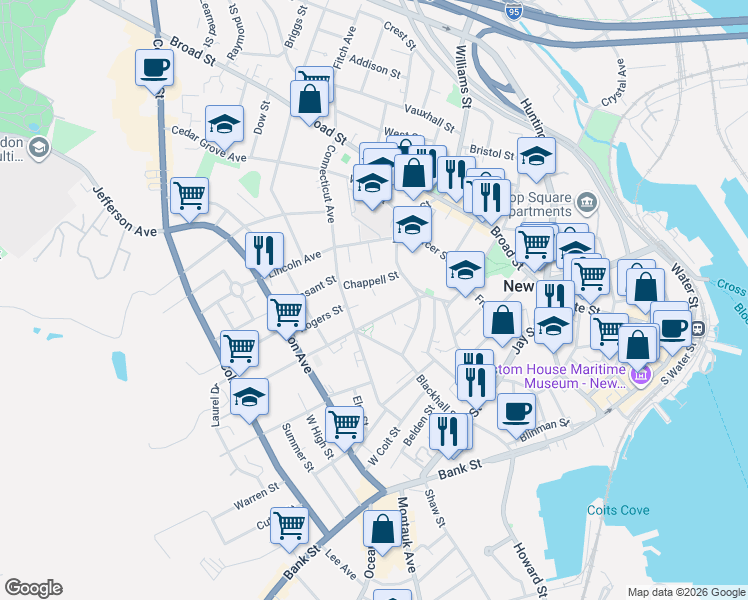 map of restaurants, bars, coffee shops, grocery stores, and more near 29 Garfield Avenue in New London
