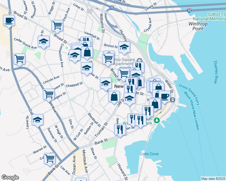 map of restaurants, bars, coffee shops, grocery stores, and more near 33 Cottage Street in New London