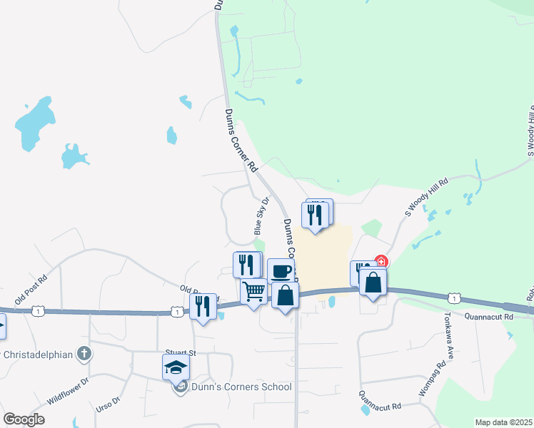 map of restaurants, bars, coffee shops, grocery stores, and more near 6 Blue Sky Drive in Westerly