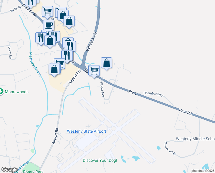 map of restaurants, bars, coffee shops, grocery stores, and more near 31 Post Road in Westerly