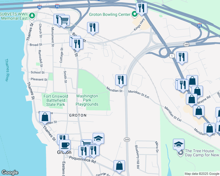 map of restaurants, bars, coffee shops, grocery stores, and more near 300 Meridian Street in Groton
