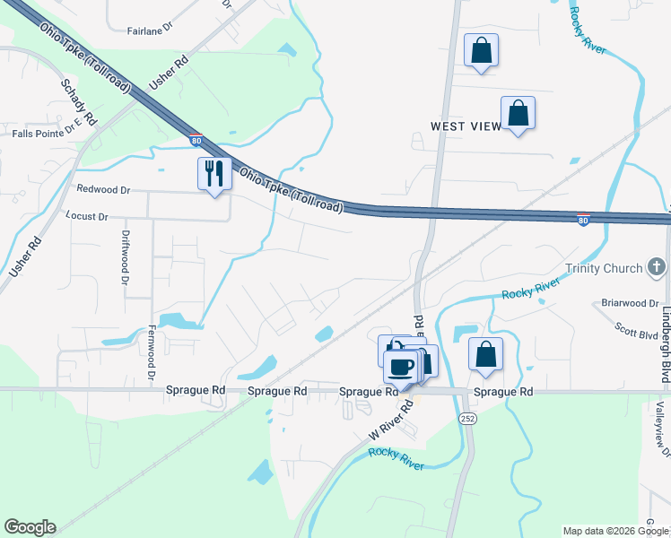 map of restaurants, bars, coffee shops, grocery stores, and more near 26031 Hickory Lane in Olmsted Falls