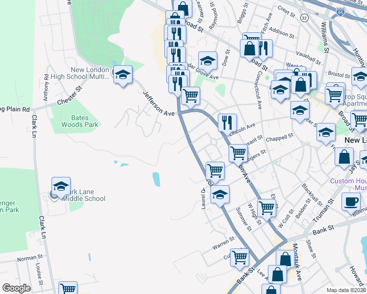 map of restaurants, bars, coffee shops, grocery stores, and more near 61 Fuller Street in New London