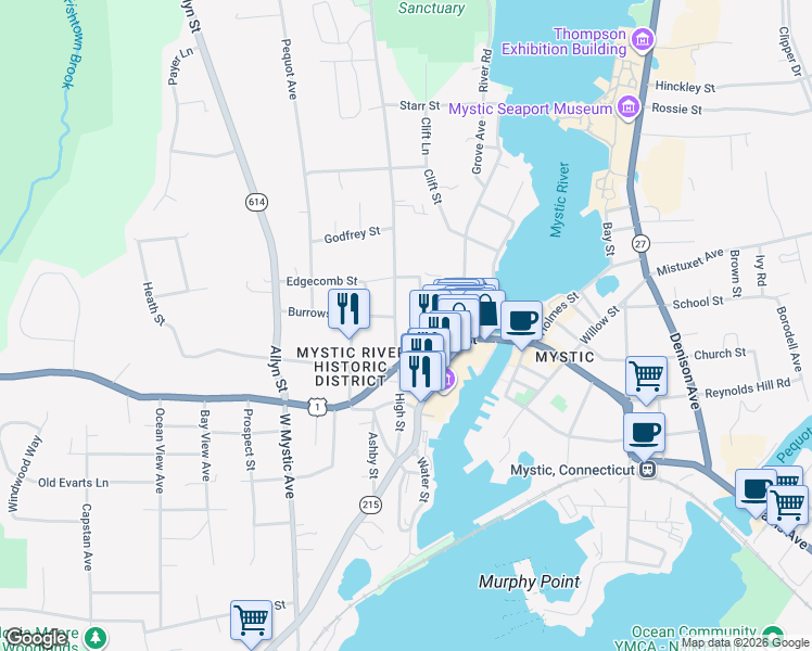 map of restaurants, bars, coffee shops, grocery stores, and more near 134 High Street in Groton