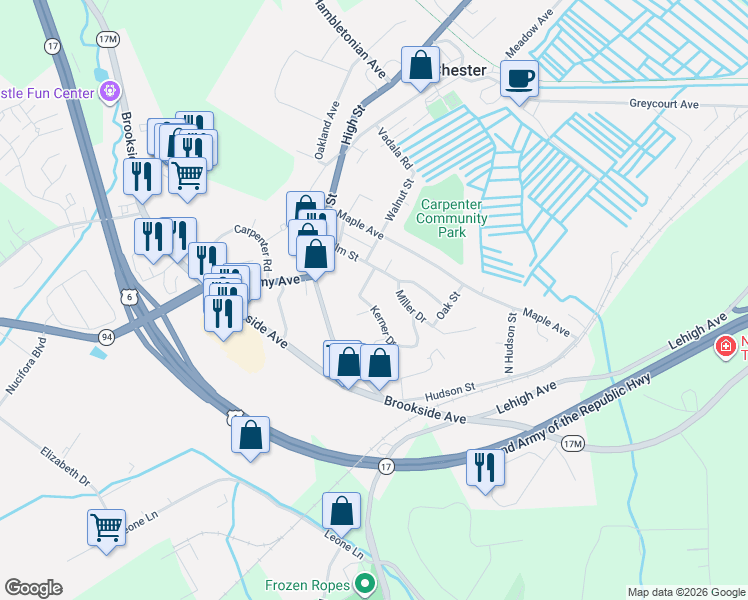 map of restaurants, bars, coffee shops, grocery stores, and more near 4 Green Way in Chester