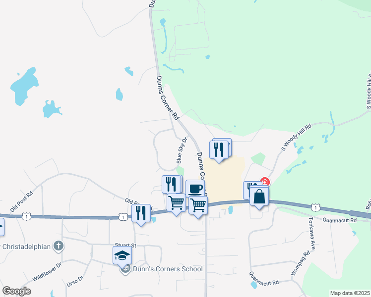 map of restaurants, bars, coffee shops, grocery stores, and more near 6 Blue Sky Drive in Westerly