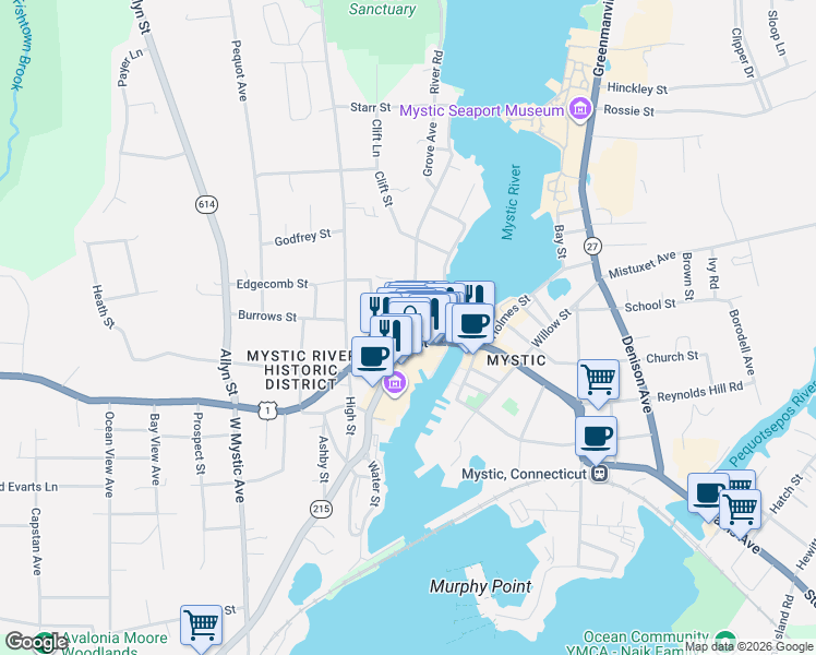 map of restaurants, bars, coffee shops, grocery stores, and more near 28 West Main Street in Groton