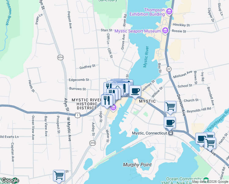 map of restaurants, bars, coffee shops, grocery stores, and more near 54 West Main Street in Groton
