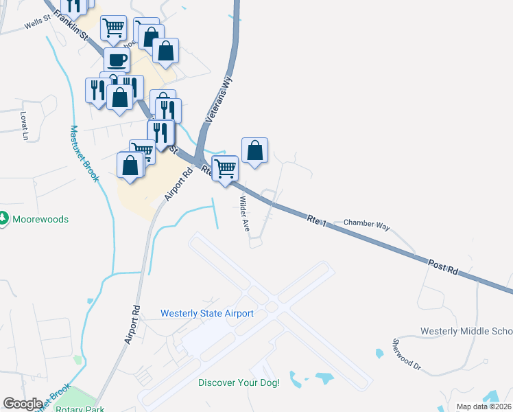map of restaurants, bars, coffee shops, grocery stores, and more near 31 Post Road in Westerly