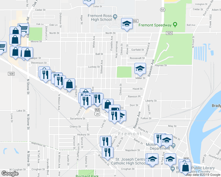map of restaurants, bars, coffee shops, grocery stores, and more near Hazel Street in Fremont