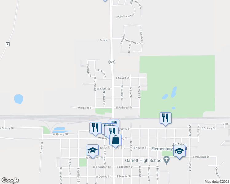 map of restaurants, bars, coffee shops, grocery stores, and more near 513 North Randolph Street in Garrett