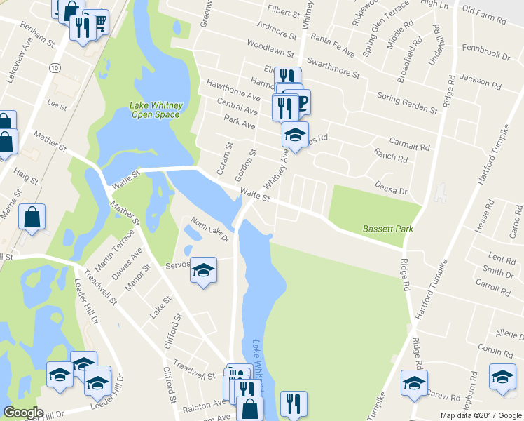 map of restaurants, bars, coffee shops, grocery stores, and more near 18 Walden Street in Hamden