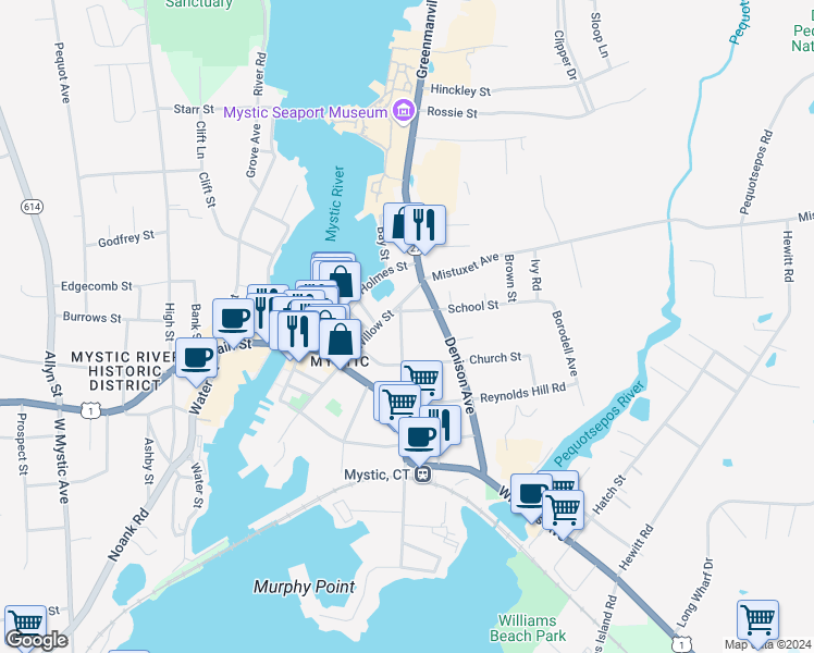map of restaurants, bars, coffee shops, grocery stores, and more near 11 Broadway Avenue in Stonington
