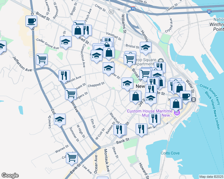 map of restaurants, bars, coffee shops, grocery stores, and more near 49 Williams Street in New London