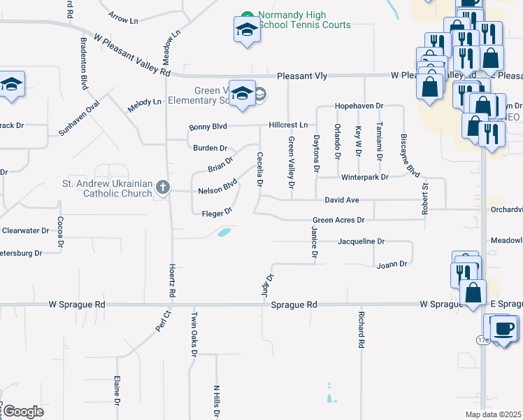 map of restaurants, bars, coffee shops, grocery stores, and more near 2325 Green Acres Drive in Parma
