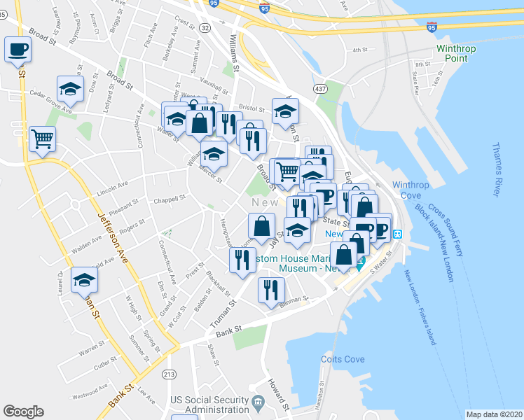 map of restaurants, bars, coffee shops, grocery stores, and more near 29 Cottage Street in New London