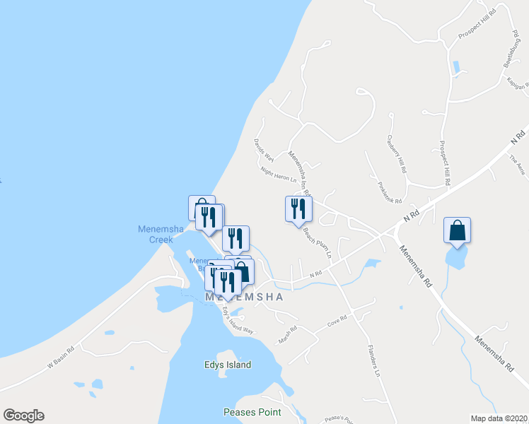 map of restaurants, bars, coffee shops, grocery stores, and more near 100 Beach Plum Lane in Chilmark