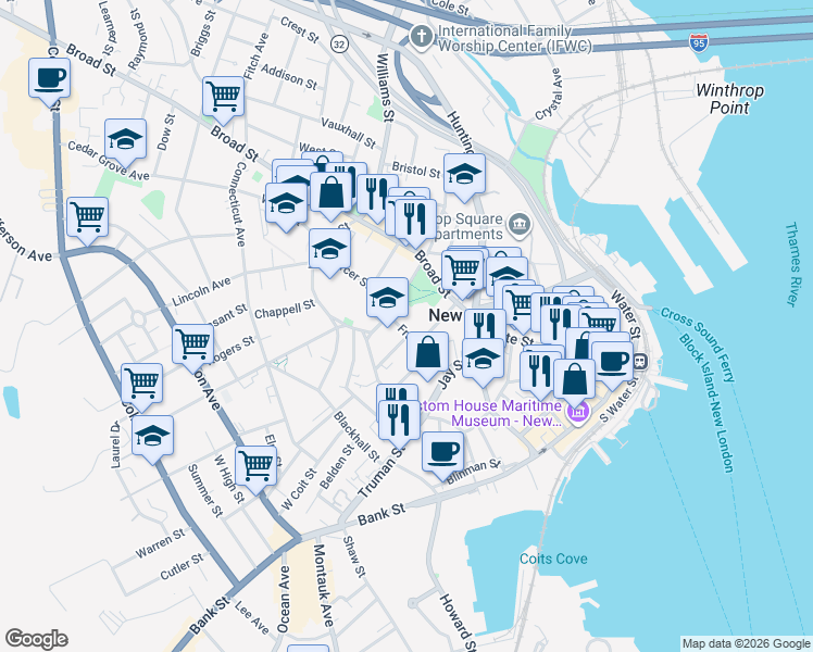 map of restaurants, bars, coffee shops, grocery stores, and more near 45 Franklin Street in New London