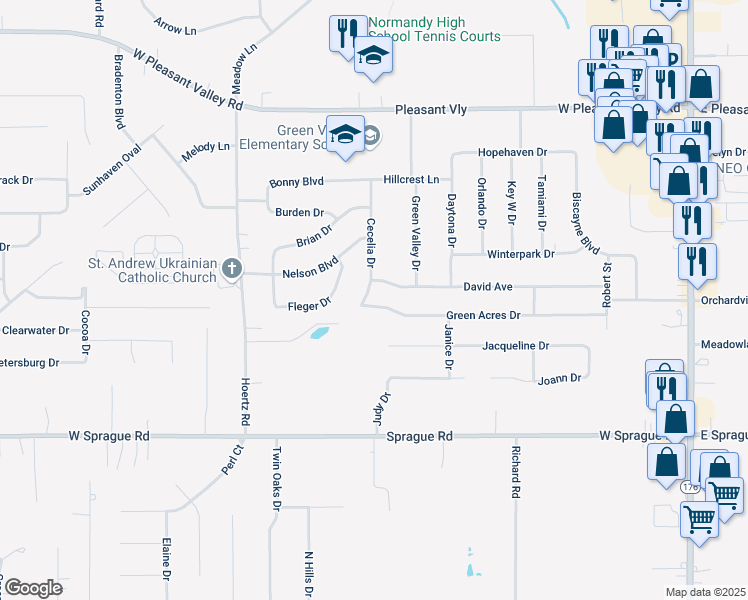 map of restaurants, bars, coffee shops, grocery stores, and more near 2325 Green Acres Drive in Parma
