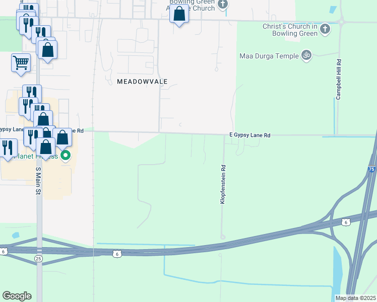 map of restaurants, bars, coffee shops, grocery stores, and more near 12417 East Gypsy Lane Road in Bowling Green