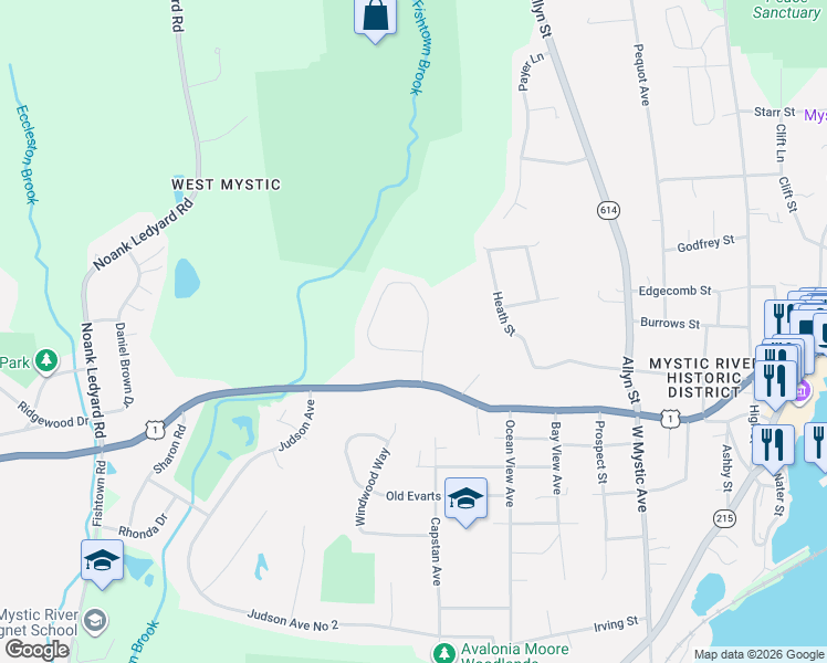 map of restaurants, bars, coffee shops, grocery stores, and more near 233 High Meadow Lane in Groton