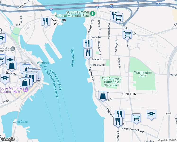 map of restaurants, bars, coffee shops, grocery stores, and more near 269 Thames Street in Groton