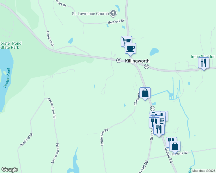 map of restaurants, bars, coffee shops, grocery stores, and more near 26 Overlook Farms Road in Killingworth