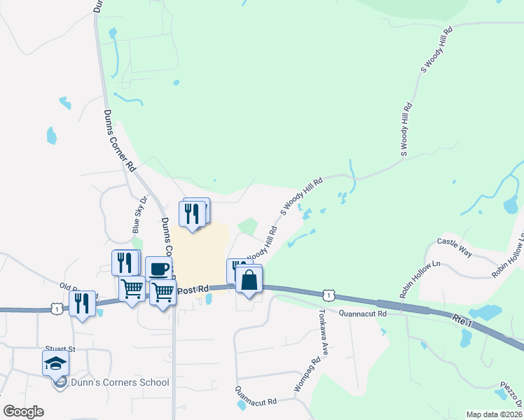 map of restaurants, bars, coffee shops, grocery stores, and more near 56 South Woody Hill Road in Westerly