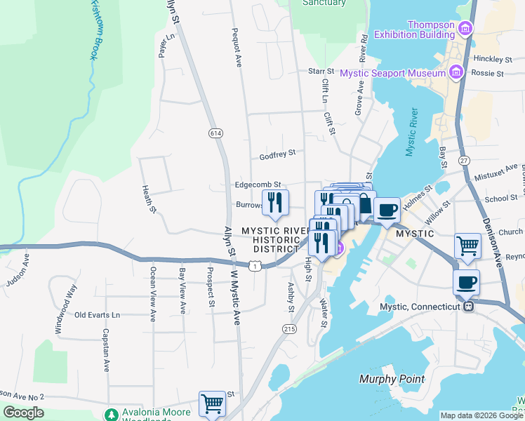 map of restaurants, bars, coffee shops, grocery stores, and more near 17 Burrows Street in Groton